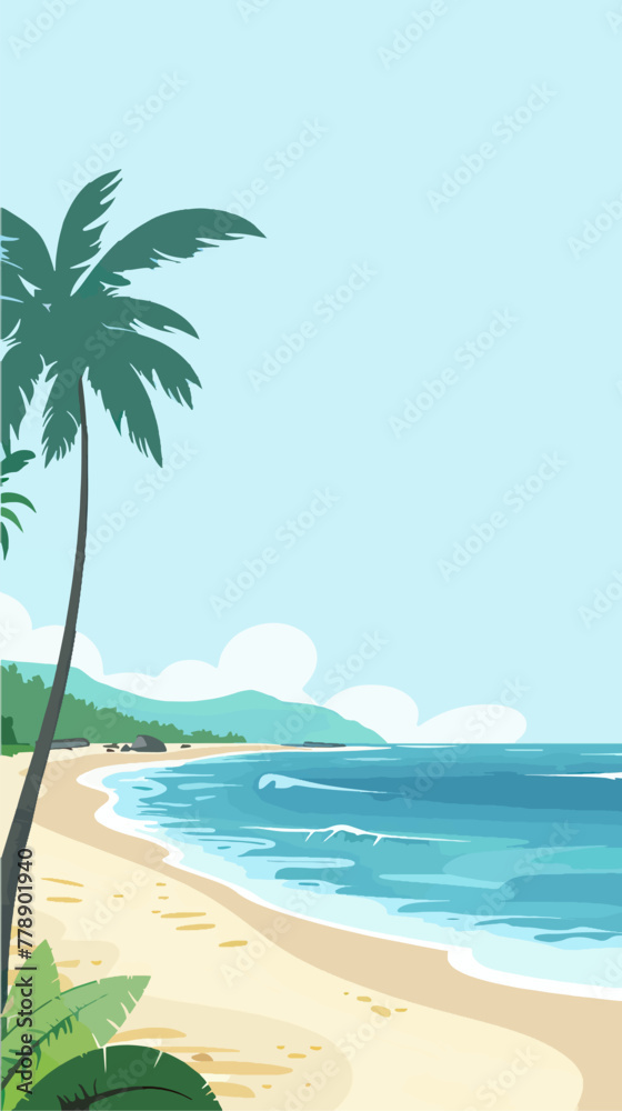 Tropical beach with palm trees and sunset, vector illustration