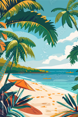 Tropical beach with palm trees and sunset, vector illustration