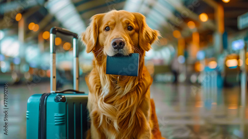 A beautiful golden retriever against the background of a large airport or train station holds a passport in his teeth. There are suitcases nearby. The concept of traveling and vacations with animals.