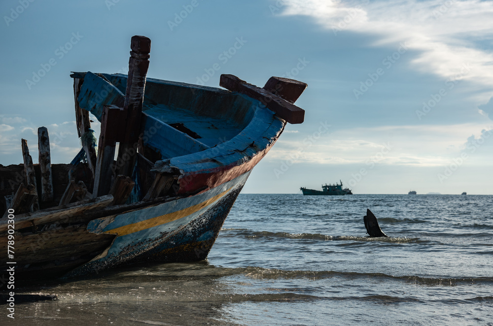 Wreck of a fishing boat on the beach