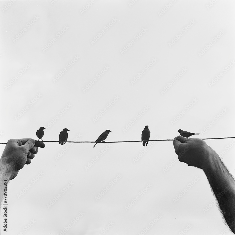 silhouette of a person holding a birds standing on ropes.Minimal creative nature concept.
silhouette of a person holding a birds standing on ropes.Minimal creative nature concept.