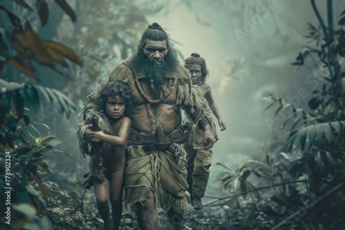 Neanderthal Family Hunting in the Jungle. © Hunman