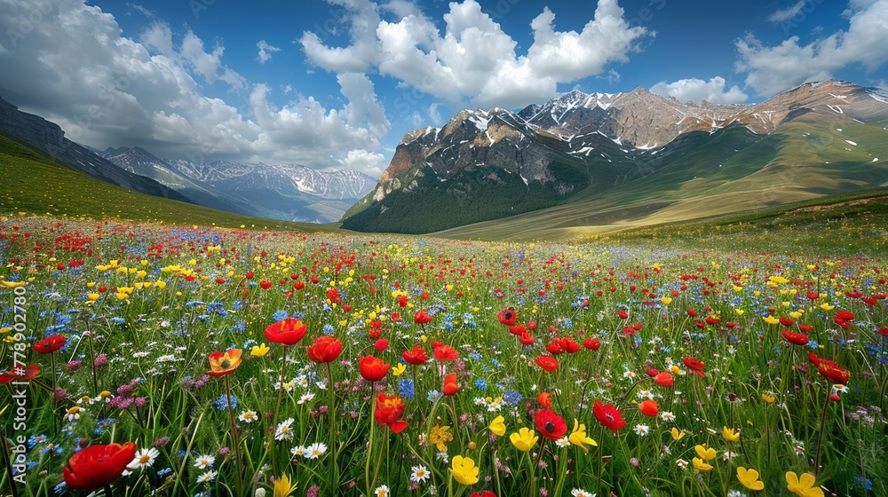 Meadows carpeted with flowers, a kaleidoscope of color ,high resulution,clean sharp focus