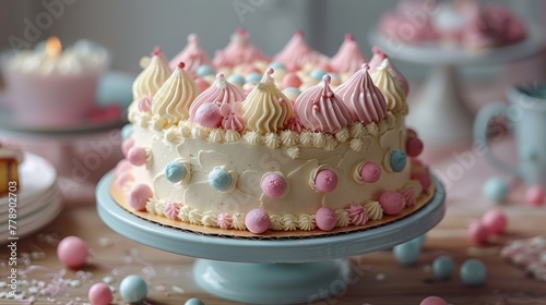  A white cake adorned with pink, blue, and yellow frosting sits atop a blue plate on a table
