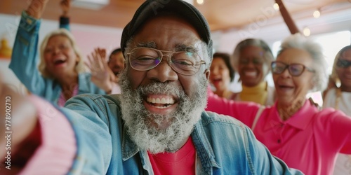 senior man joyfully leads a group of dancing seniors, their energy and smiles portraying a vibrant social life and promoting events or services for community engagement and active senior lifestyle  photo
