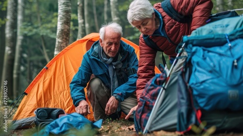 Two seniors examining a map outside a tent, ideal for illustrating elder travel education and camping planning.