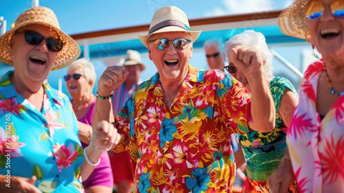 A group of seniors in Hawaiian shirts celebrating, perfect for senior cruise travel promotions and festive vacation themes.