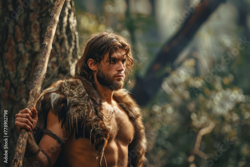 Primeval Caveman Wearing Animal Skin and Fur Hunting with a Stone Tipped Spear in the Prehistoric Forest. photo