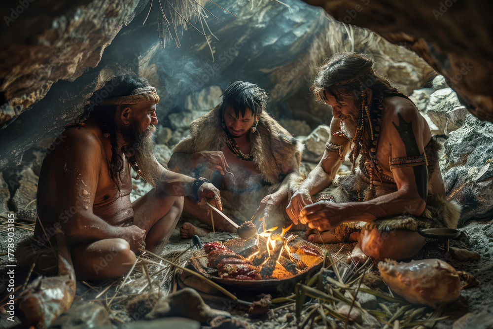 Tribe of Prehistoric Hunter-Gatherers Wearing Animal Skins Grilling and Eating Meat in Cave.