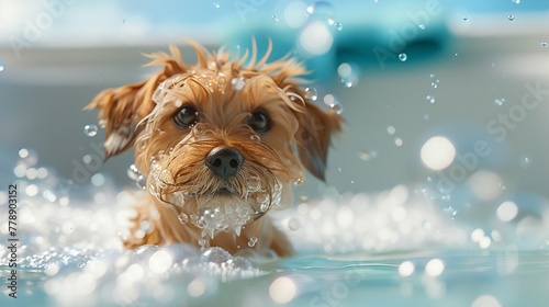 puppy popping out of a bathtub with bubbles ,3DCG,clean sharp focus