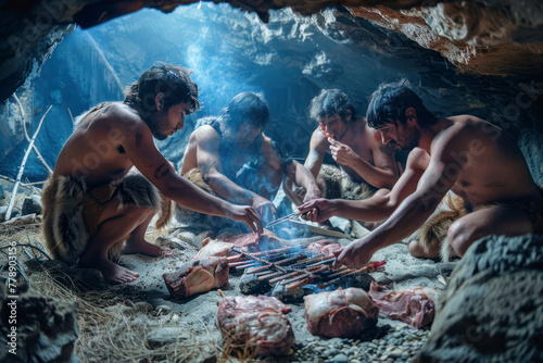Tribe of Prehistoric Hunter-Gatherers Wearing Animal Skins Grilling and Eating Meat in Cave. photo