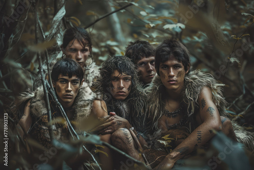 Tribe of Prehistoric Hunter-Gatherers Wearing Animal Skins Grilling and Eating Meat in Cave.