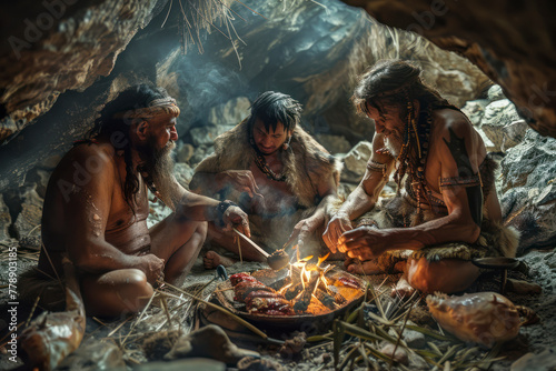 Tribe of Prehistoric Hunter-Gatherers Wearing Animal Skins Grilling and Eating Meat in Cave. photo