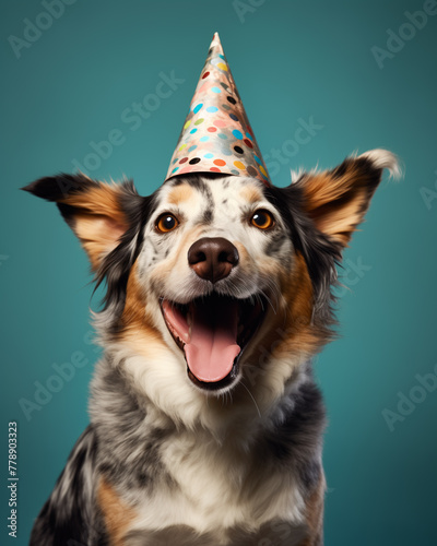 photo of a dog celebrating with party hat, dog smiling at a birthday photo shoot in a studio