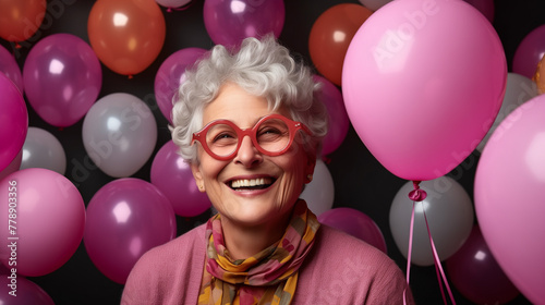 photo of of happy senior woman with gray hair and eyeglasses, smiling and surrounded by balloons, birthday concept