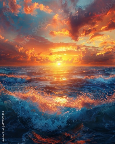 Sunrise over the ocean, horizon ablaze with the promise of a new day ,high resulution,clean sharp focus