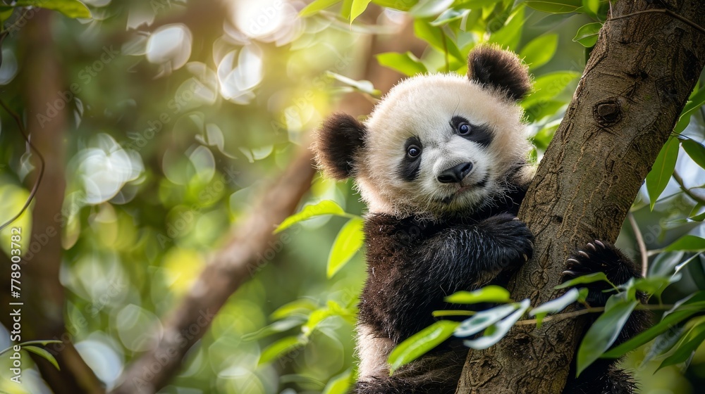 Obraz premium Adorable and funny panda relaxing and sitting on green tree in the forest