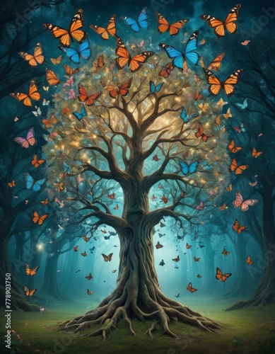 A whimsical illustration of a magical tree glowing with light and surrounded by a flurry of vibrant orange butterflies  exuding a dreamlike quality.
