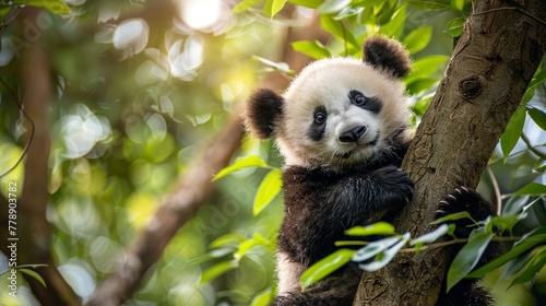 Adorable and funny panda relaxing and sitting on green tree in the forest