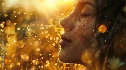 Morning dew glistens like diamonds under the gentle gaze of a woman's smile, illuminating the dawn with hope photo