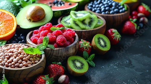  A table displays bowls filled with various fruits and vegetables, including kiwis, oranges, and raspberries