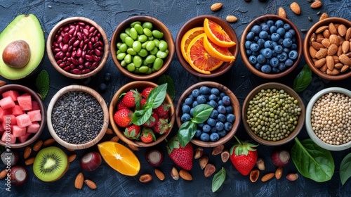  A colorful array of fruits, veggies, and nuts displayed on a dark surface against a blue background