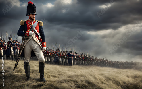 Napoleonian soldier with his rifle and uniform against the plains of Iena filled with Prussian and French soldiers fighting and cannons