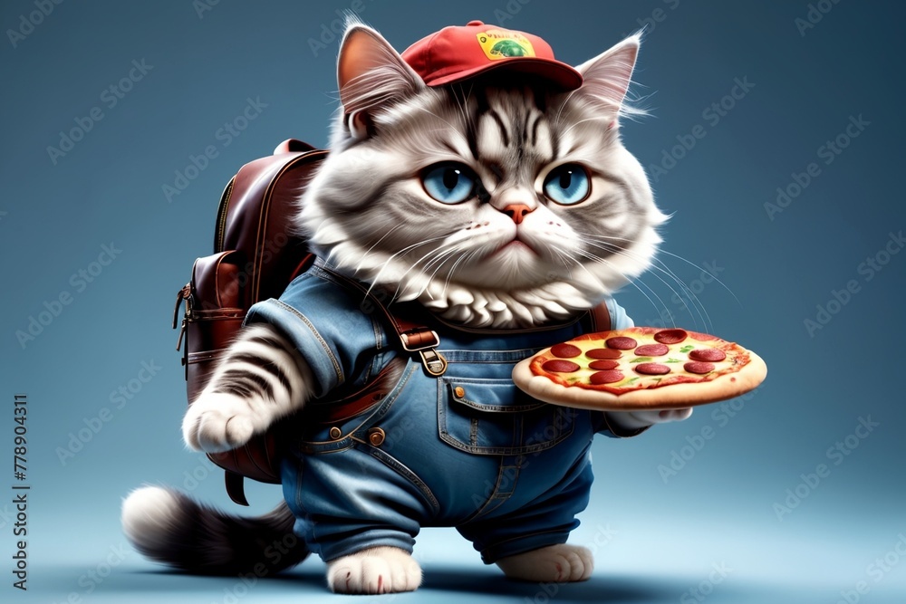 pizza delivery man, hardworking cat delivers pizza - obrazy, fototapety, plakaty 