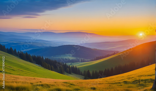 Beautiful nature landscape during sunset, sunrise, Europe, Czech Republic, mountains, hills, Krkonose, wide landcape photo
