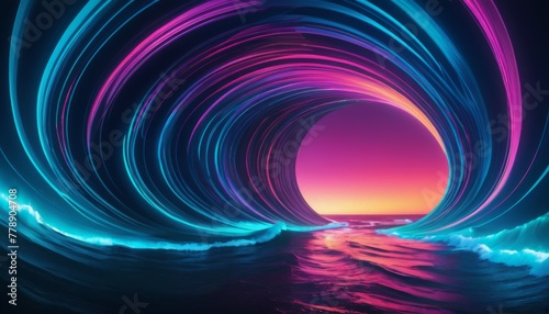 Digital art of neon light waves in a tunnel formation with a vibrant sunset at the horizon, symbolizing motion and technology © video rost