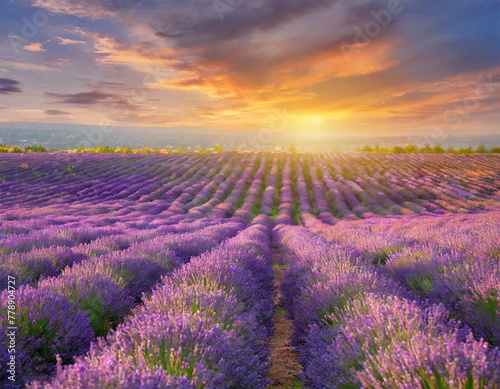 Lavender field during sunset. Violet blossoming rows of lavender. Spring scene at sunrise. Generative Ai