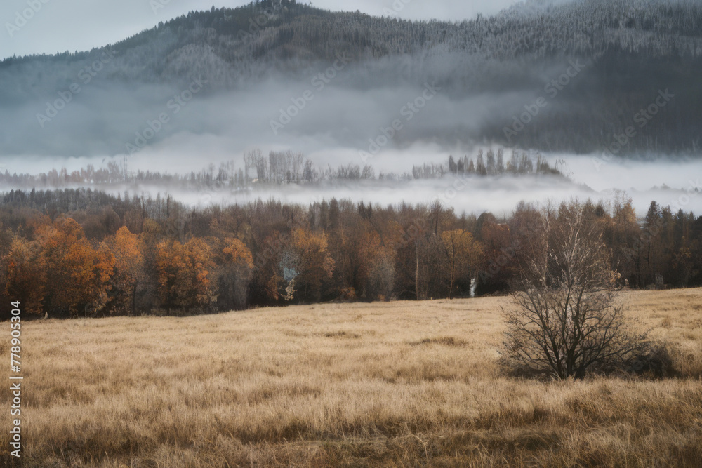 Foggy mountains shrouded in mist create a mysterious landscape at sunrise Foggy mountains shrouded in mist create a mysterious landscape at sunrise