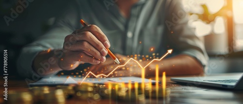On a desk is a businessman planning how his business will grow in 2023, with a hologram graph graphing his income and profits. He calculates the growth of positive growth indicators and Return on