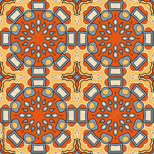 Seamless pattern with a concentric design and a predominance of orange, blue and yellow colors. Vector illustration