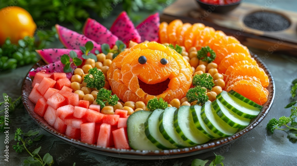 A plate brimming with fruits & veggies, featuring a joyful face at its center, amidst an array of additional produce A plate brimming with fruits & veggies, featuring a joyful face at its center, amidst an array of additional produce