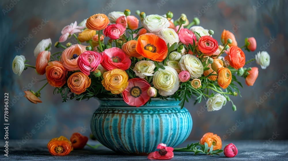  Blue vase with numerous colored flowers on a blue table near a green vase holding red, white, orange, and pink flowers