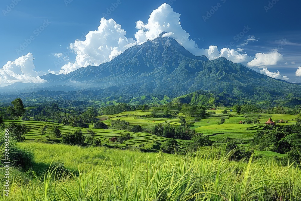 A breath-taking view of a towering volcano with lush green agricultural terraces under a clear blue sky