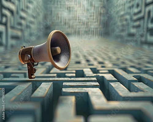 A megaphone surrounded by a maze with the sound providing clues to escape photo