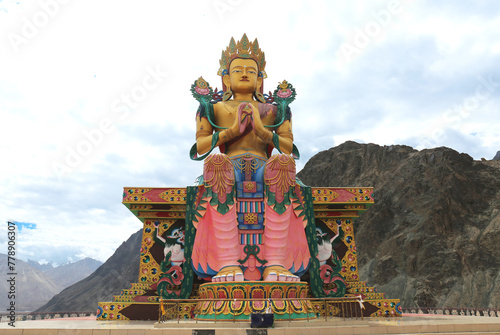 Maitreya Buddha facing down the Shyok River, Nubra Valley near Diskit Monastery towards Pakistan as a symbol of world peace photo