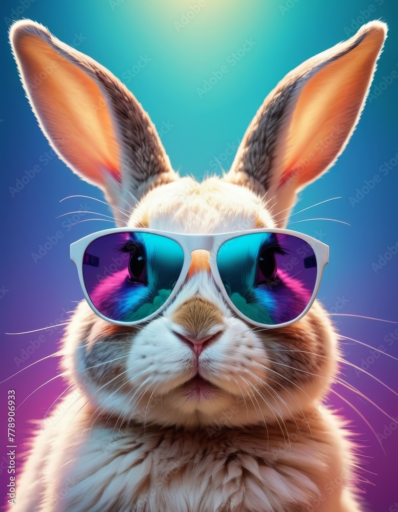 A whimsical portrait of a charismatic bunny donning stylish sunglasses against a colorful backdrop, embodying a chill vibe