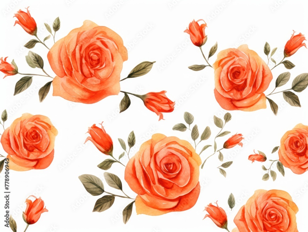 Coral roses watercolor clipart on white background, defined edges floral flower pattern background with copy space for design text or photo backdrop minimalistic 
