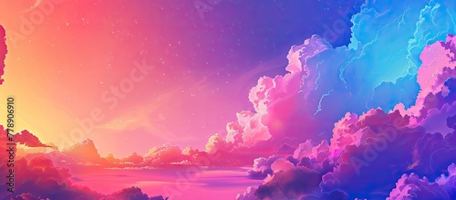 Capture the beauty of a natural landscape with a painting of a sunset featuring colorful clouds in shades of purple, pink, and violet against the dusk sky © AkuAku