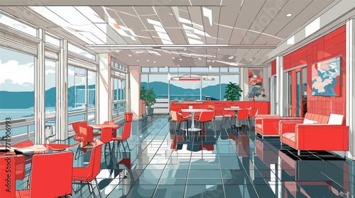 Drawing of a Restaurant With Red Chairs and Tables vector illustration 2d