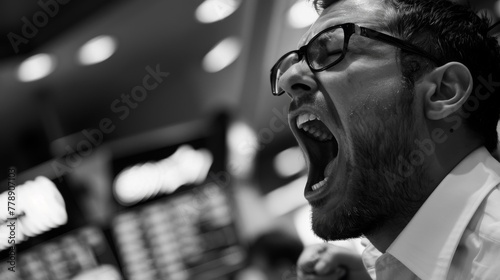 Broker shouting orders, dynamic action, low angle, black and white, classic trading floor low texture