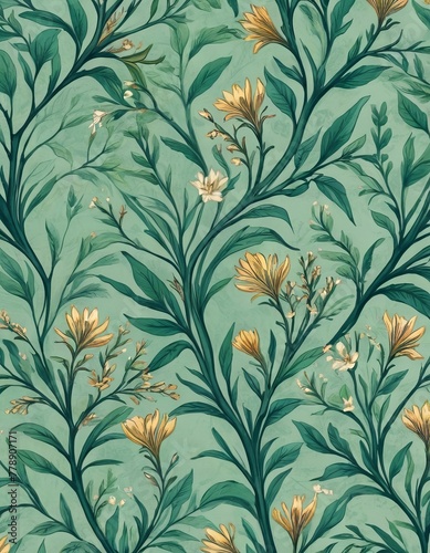 Elegantly designed wallpaper featuring a vintage floral pattern with lush foliage and blooming flowers against a teal background © video rost