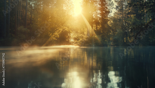 Misty lake in the woods, beautiful landscape. sun rays through the trees photo