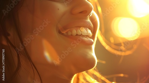 The tender embrace of morning light cradles the delicate curve of a woman's smile, awakening the world with its warmth
