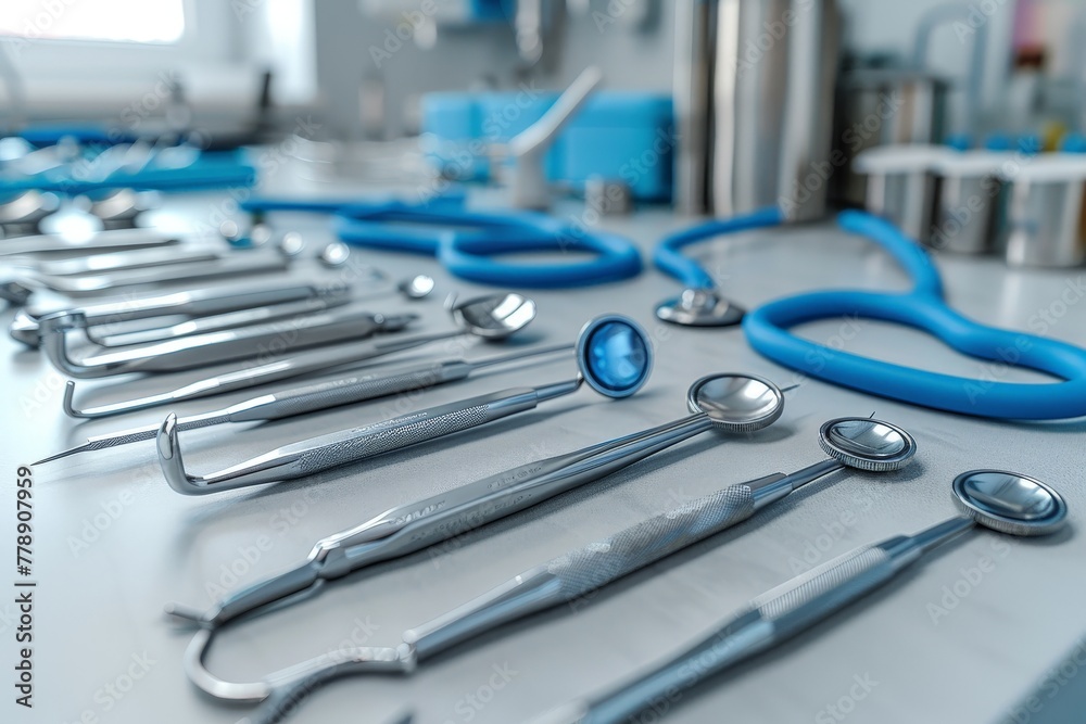 Sterile medical instruments, including forceps and mirrors, arranged neatly in a clinical environment Sterile medical instruments, including forceps and mirrors, arranged neatly in a clinical environment