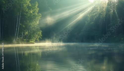 Misty lake in the woods, beautiful landscape. sun rays through the trees