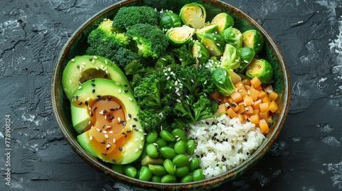  A bowl of mixed vegetables including broccoli, peas, carrots, avocado, and sesame seeds, served with rice